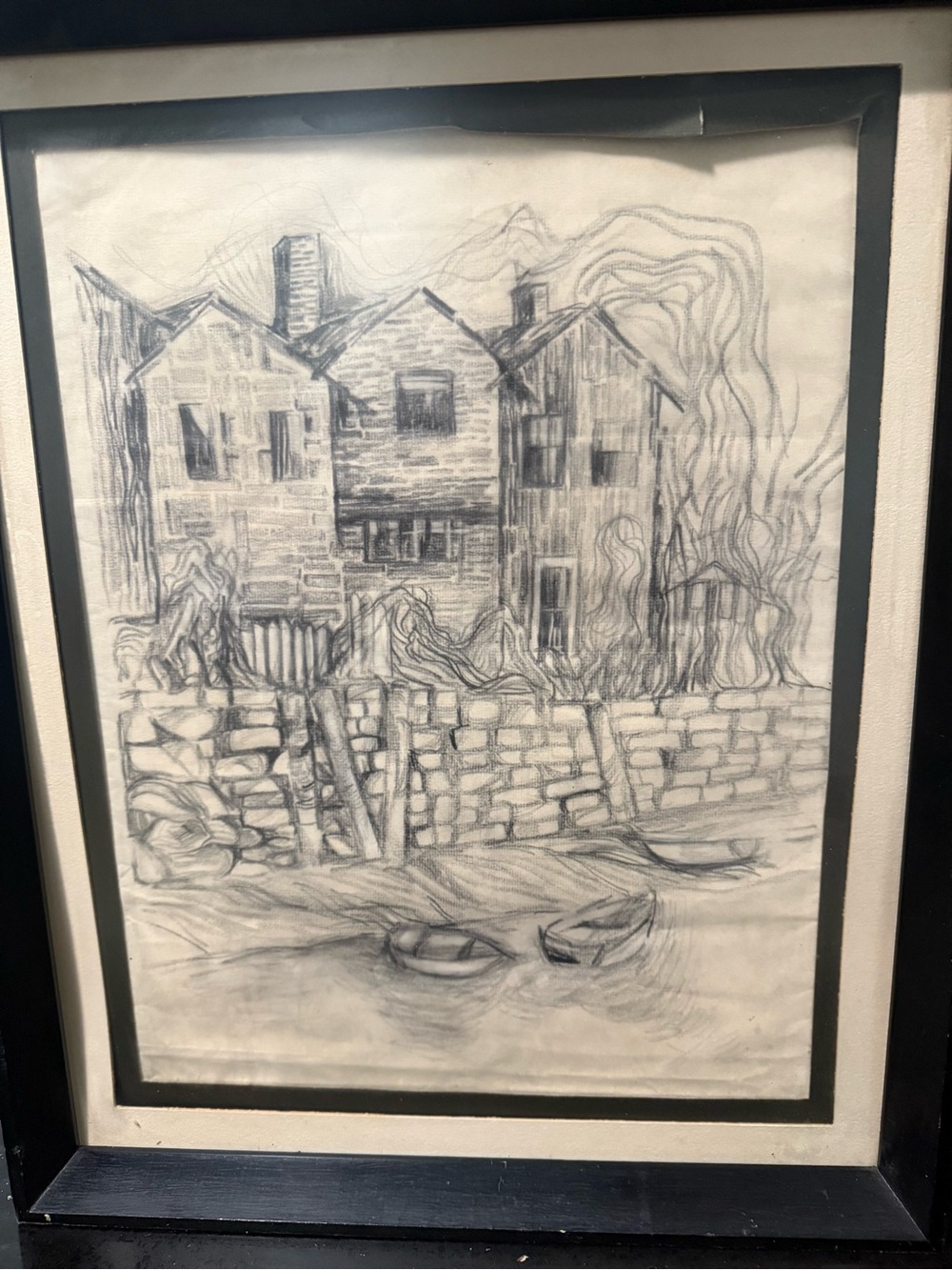 Framed Black and White Waterfront Pencil Sketch - Home Art